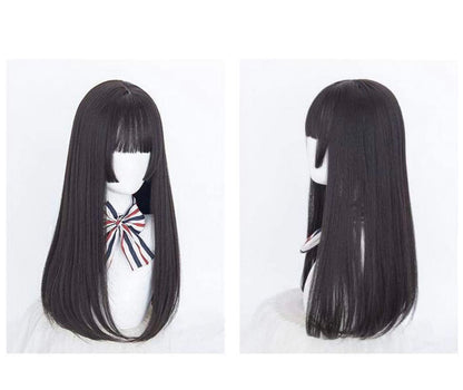Custom Black Wig Long Straight Hair with Hime Cut Princess