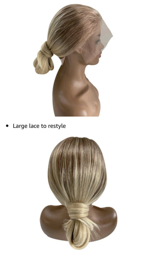 Ombre Blonde Lace Front Wig Straight Human Hair Wig 2 Tones Golden Brown to Bleached Blonde 613 Pre Plucked Hairline with Baby Hair 150% Density for Women Glueless 13x4 Lace Wig Bleached Knots16"