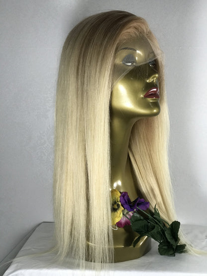 Ombre Blonde Lace Front Wig Straight Human Hair Wig 2 Tones Golden Brown to Bleached Blonde 613 Pre Plucked Hairline with Baby Hair 150% Density for Women Glueless 13x4 Lace Wig Bleached Knots16"
