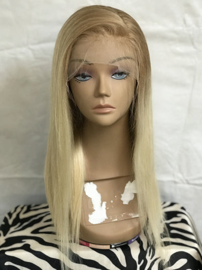 Ombre Blonde Lace Front Wig Straight Human Hair Wig 2 Tones Golden Brown to Bleached Blonde 613 Pre Plucked Hairline with Baby Hair 150% Density for Women Glueless 13x4 Lace Wig Bleached Knots16"