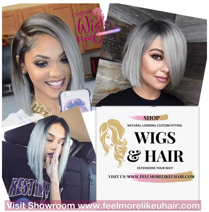 Straight Bob Wigs Silver Gray Bob Wig Heat Resistant Synthetic Hair Replacement Wig (Ombre Silver Gray)