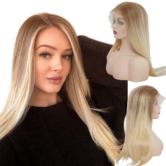 16" Divine Custom Color Wig Ombre Blonde with Rooting Golden Brown to Bleached Blonde 613 Pre Plucked Hairline -  All That & More Salon Presents up to 50% off- Hope & Hair Breast Cancer Awareness Weekend Event